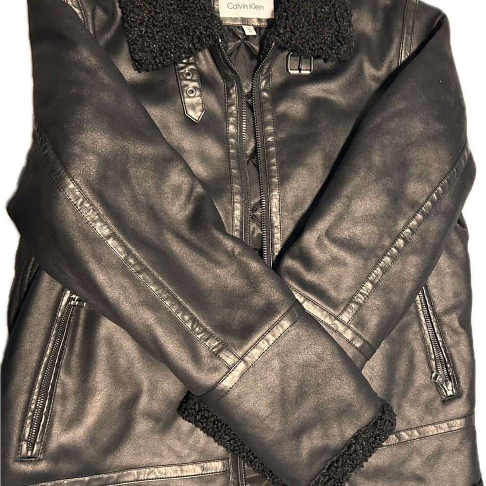 New Calvin Klein Faux Leather Bomber Jacket Men's Size M Black